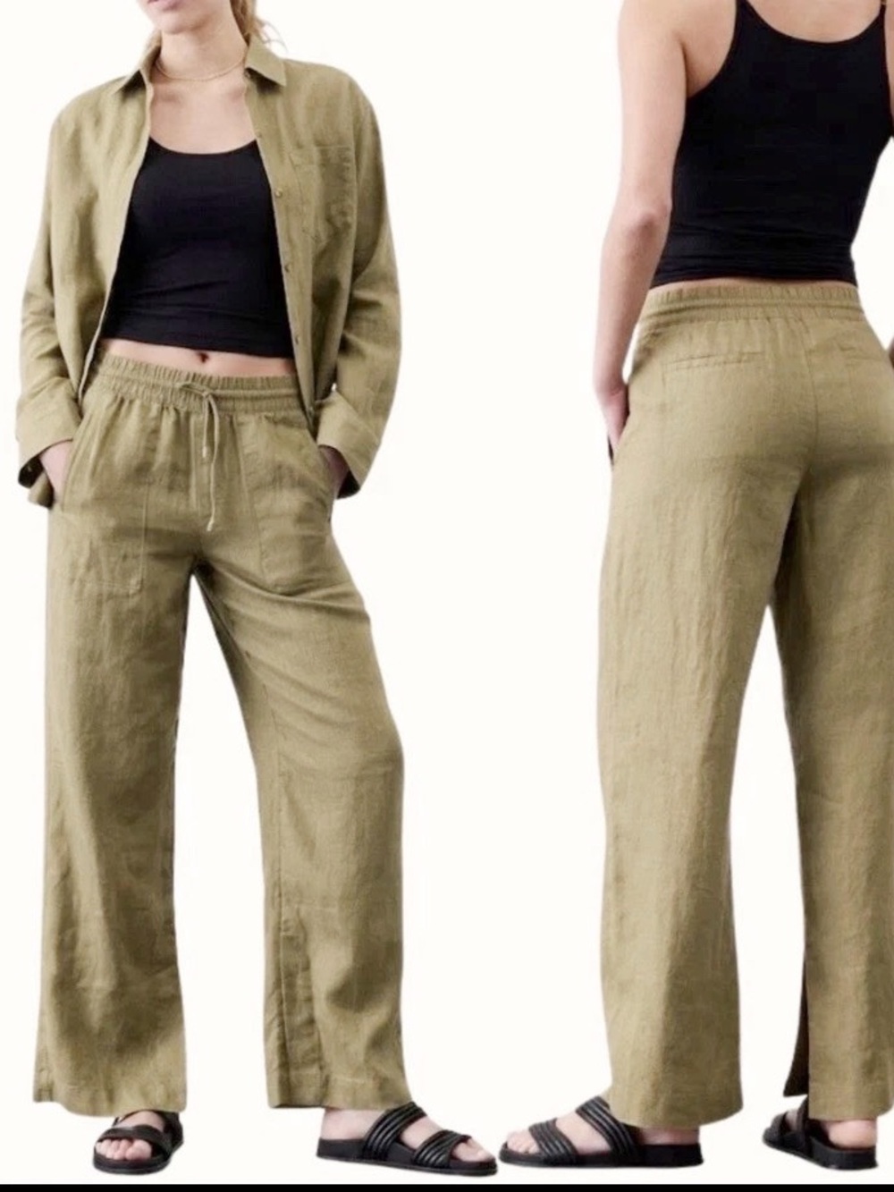 Athleta Retreat 100% Linen Wide Leg Pant in Olive Army Green